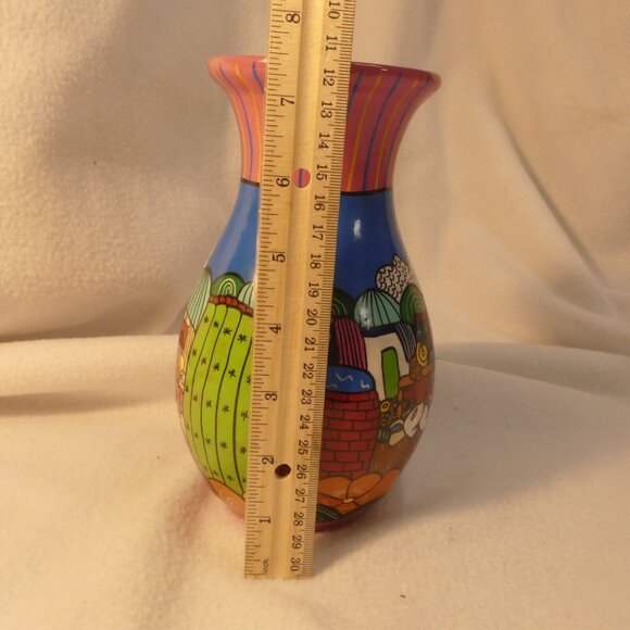Couumel Island Mexico Brightly Colored Painted Vase Village Scene Hand Crafted - Picture 7 of 9